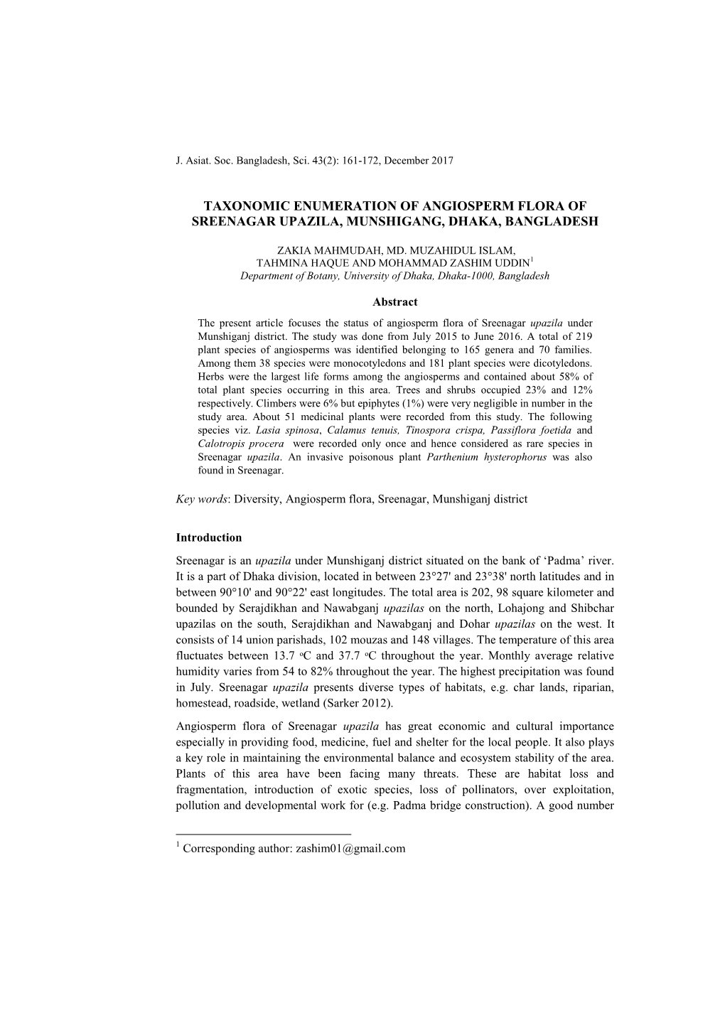 Taxonomic Enumeration of Angiosperm Flora of Sreenagar Upazila, Munshigang, Dhaka, Bangladesh