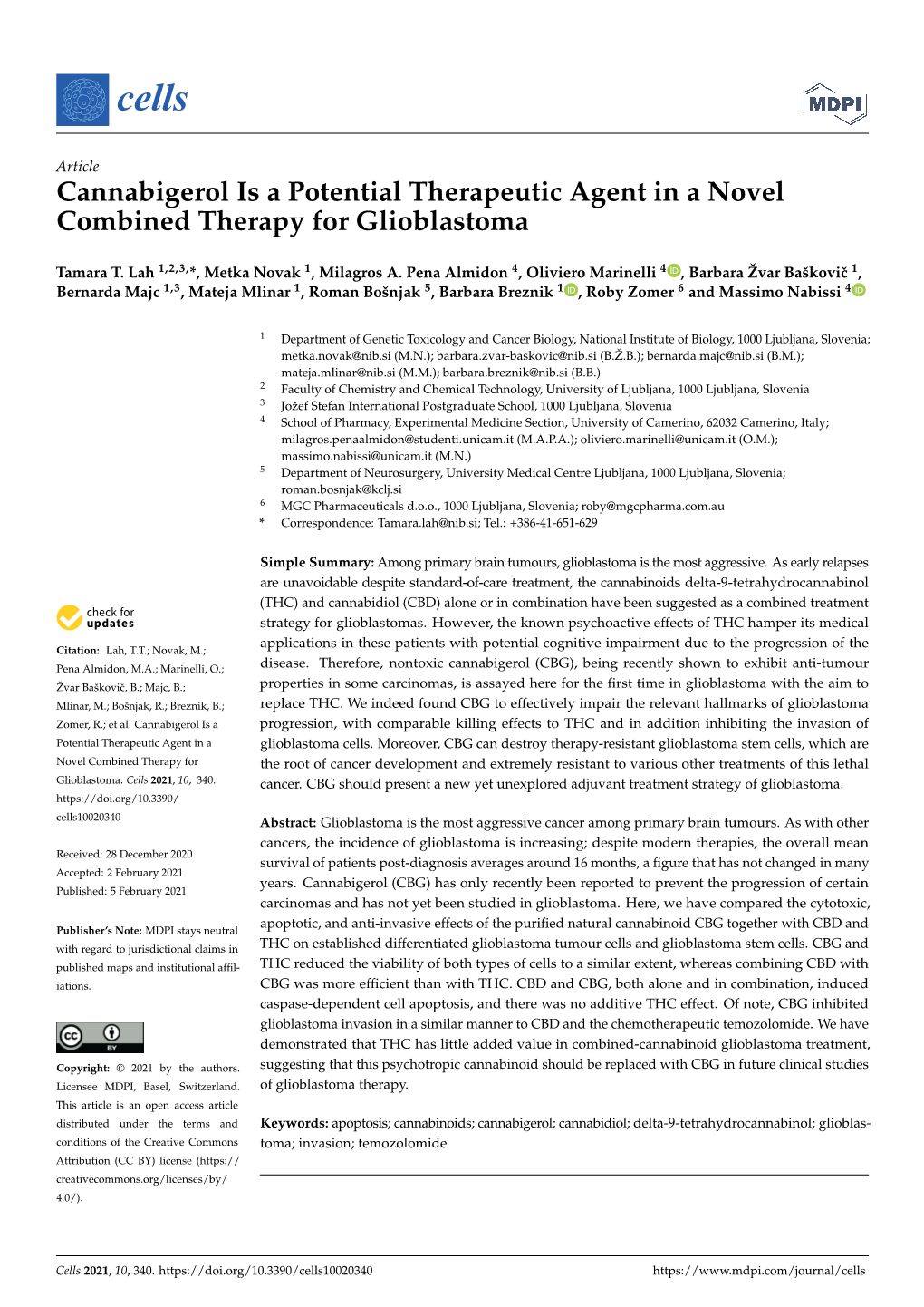 Cannabigerol Is a Potential Therapeutic Agent in a Novel Combined Therapy for Glioblastoma