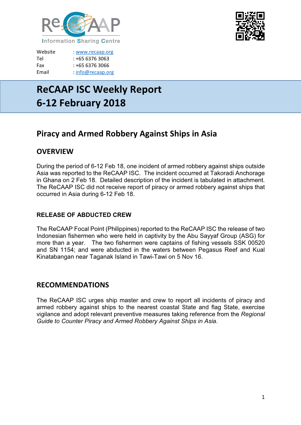 Recaap ISC Weekly Report 6-12 February 2018