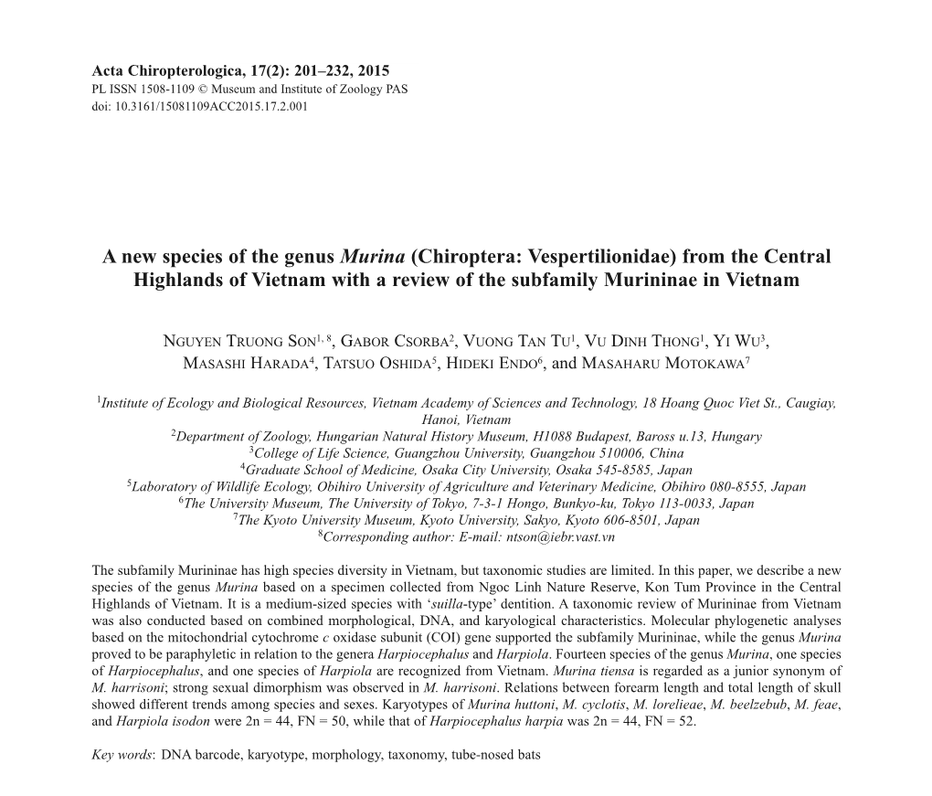 A New Species of the Genus Murina (Chiroptera: Vespertilionidae) from the Central Highlands of Vietnam with a Review of the Subfamily Murininae in Vietnam