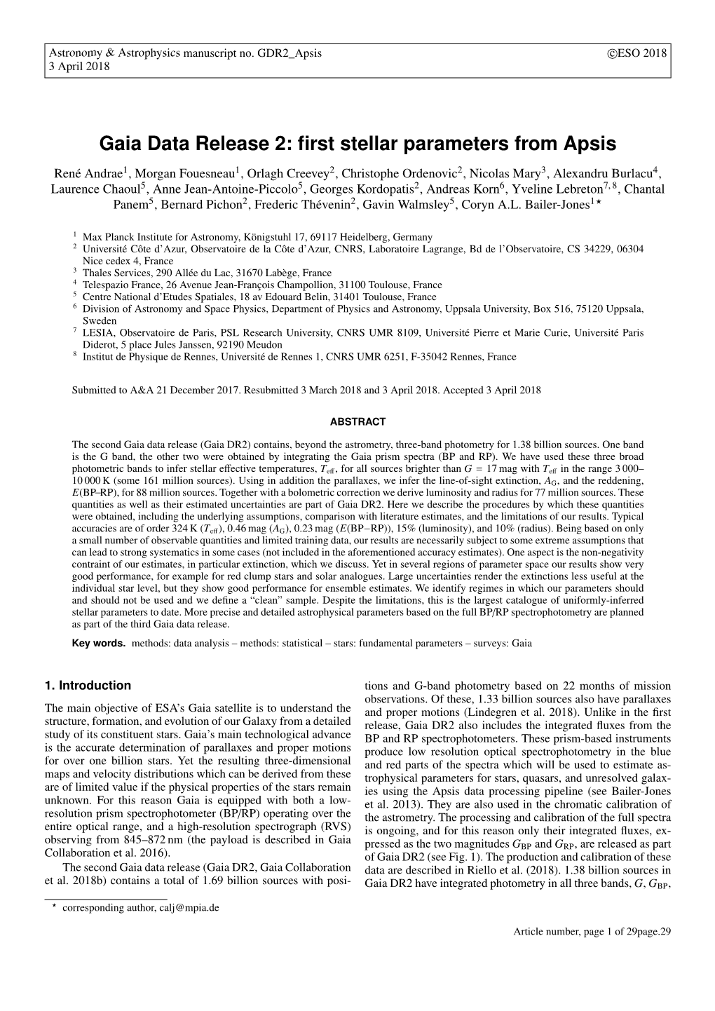 Gaia Data Release 2: First Stellar Parameters from Apsis