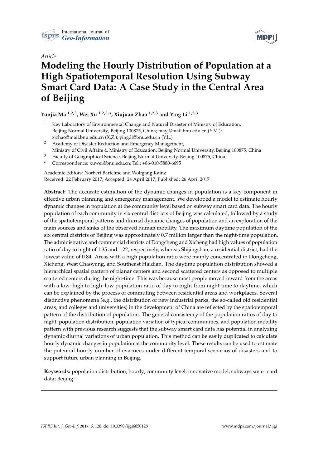 Modeling the Hourly Distribution of Population at a High Spatiotemporal Resolution Using Subway Smart Card Data: a Case Study in the Central Area of Beijing