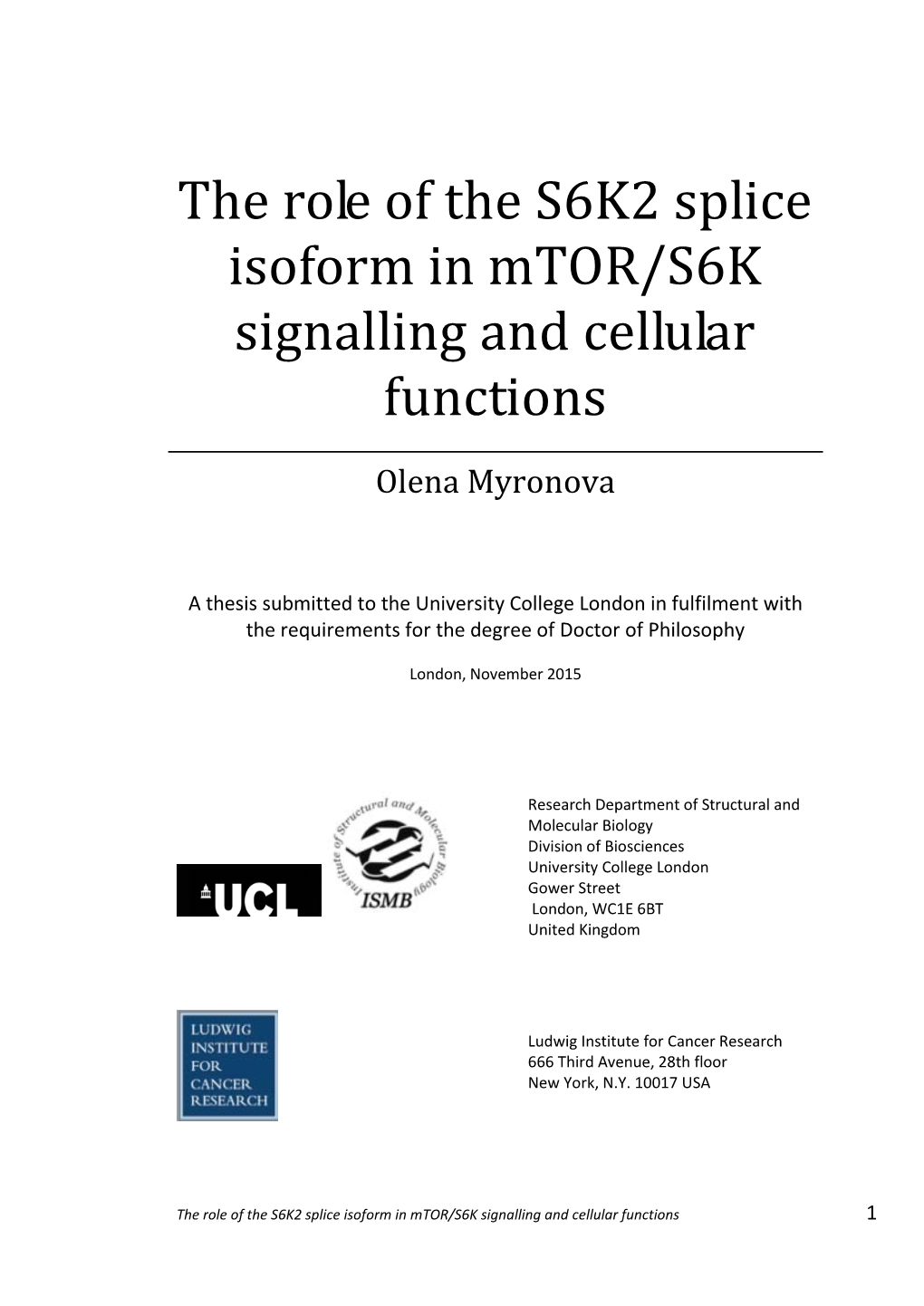 The Role of the S6K2 Splice Isoform in Mtor/S6K Signalling and Cellular Functions