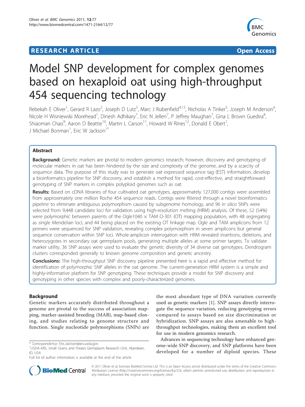 Model SNP Development for Complex Genomes Based on Hexaploid Oat
