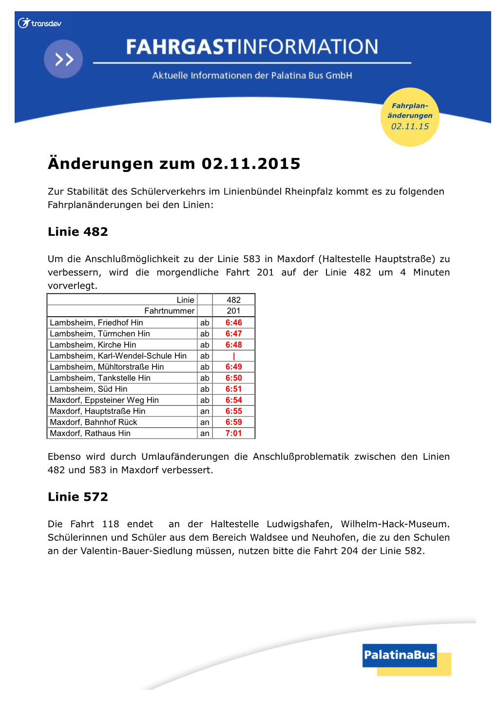 Fahrgast-Info Fahrplanänderungen 02.11.2015