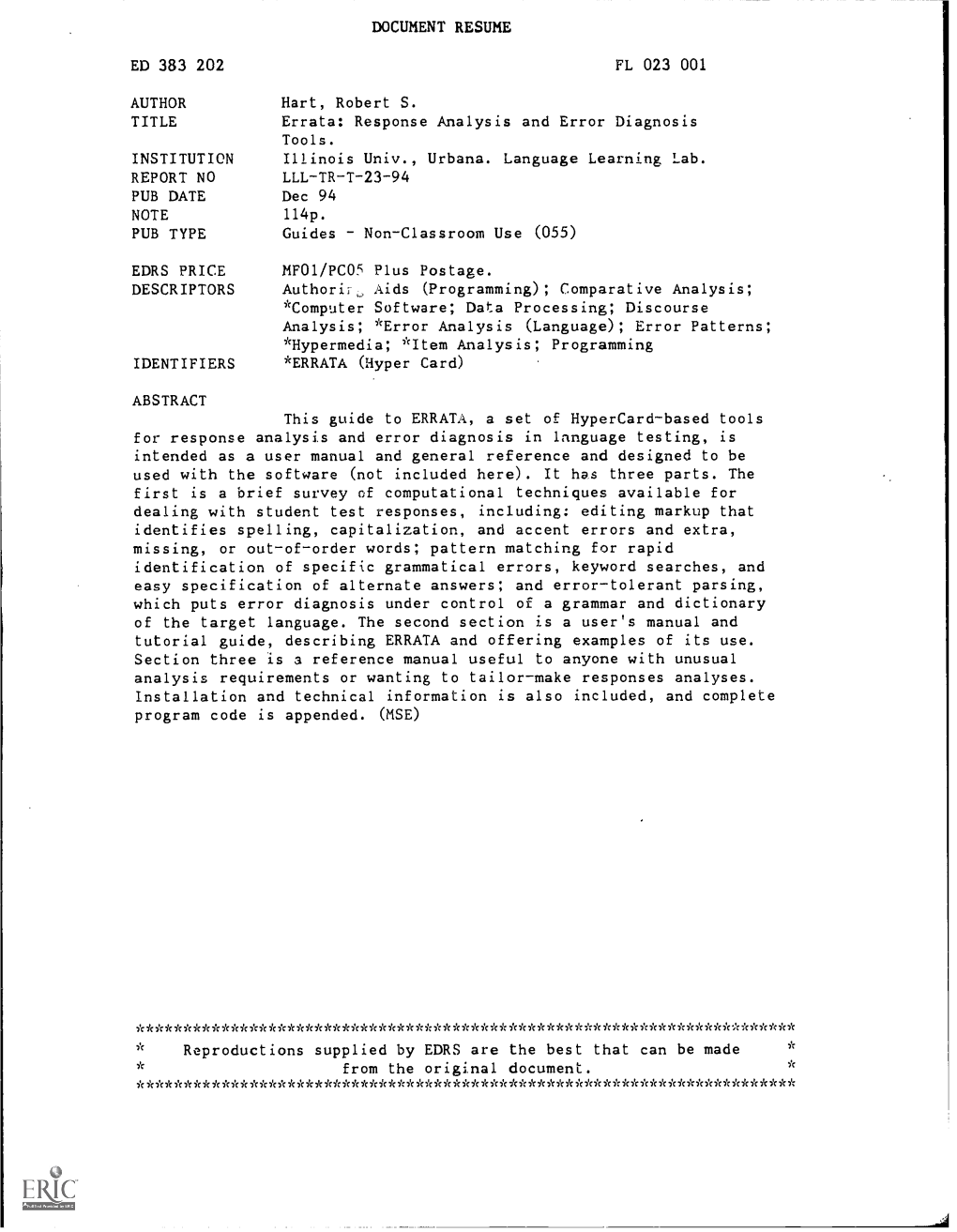 Errata: Response Analysis and Error Diagnosis Tools. INSTITUTION Illinois Univ., Urbana