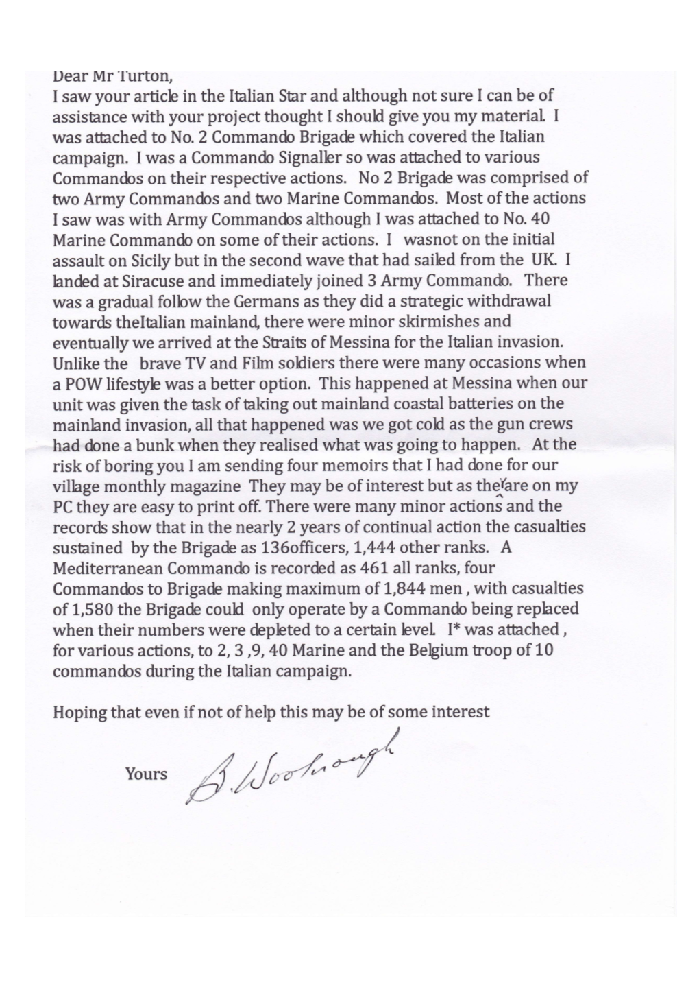 Letter Written by Bryan Woolnough MBE, 2