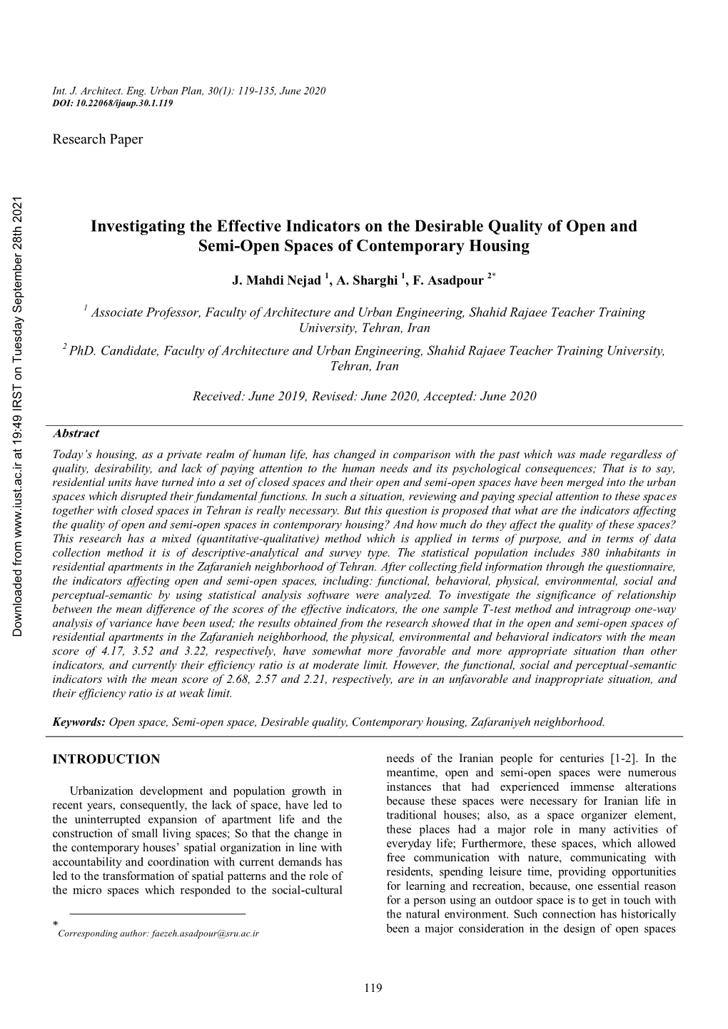 Investigating the Effective Indicators on the Desirable Quality of Open and Semi-Open Spaces of Contemporary Housing