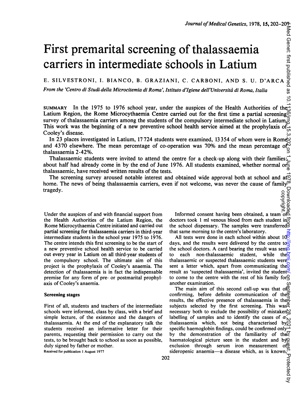 First Premarital Screening of Thalassaemia Carriers in Intermediate Schools in Latium