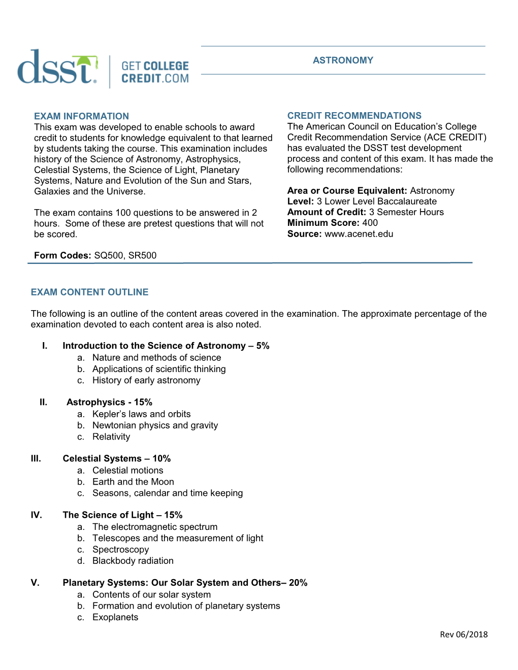 Rev 06/2018 ASTRONOMY EXAM CONTENT OUTLINE the Following