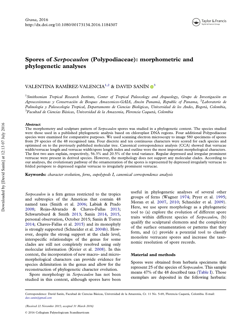 Spores of Serpocaulon (Polypodiaceae): Morphometric and Phylogenetic Analyses