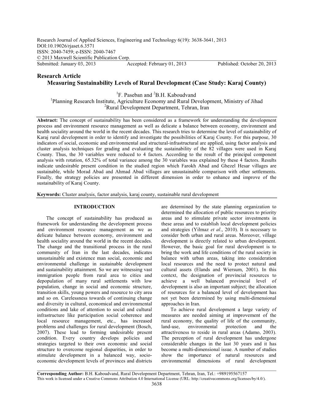 Research Article Measuring Sustainability Levels of Rural Development (Case Study: Karaj County)