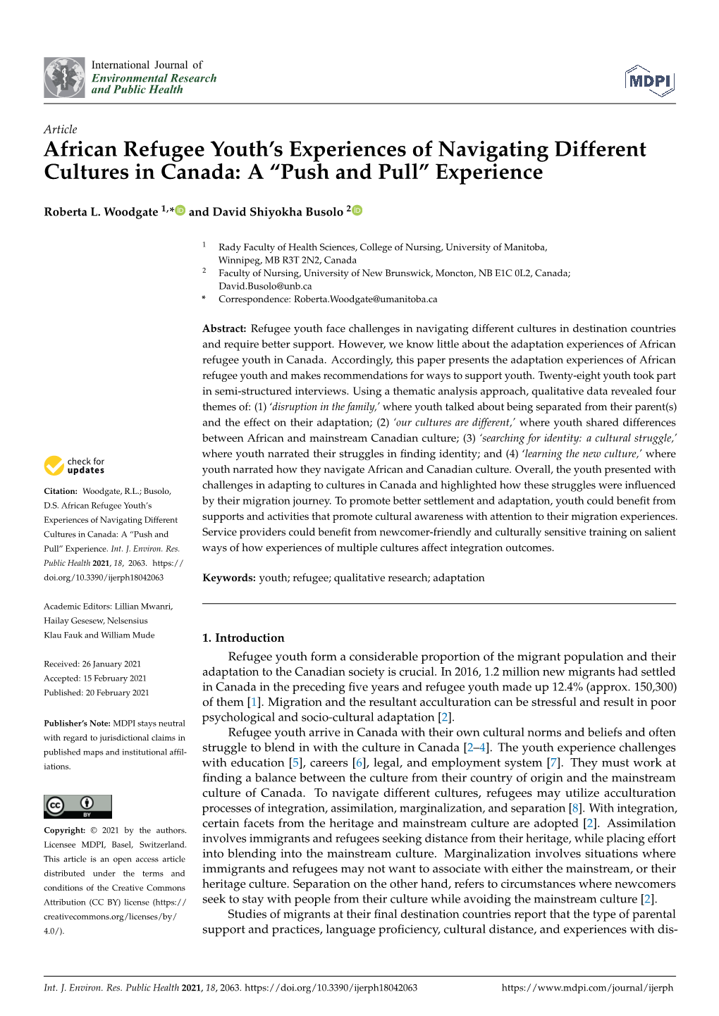 African Refugee Youth's Experiences of Navigating Different Cultures in Canada