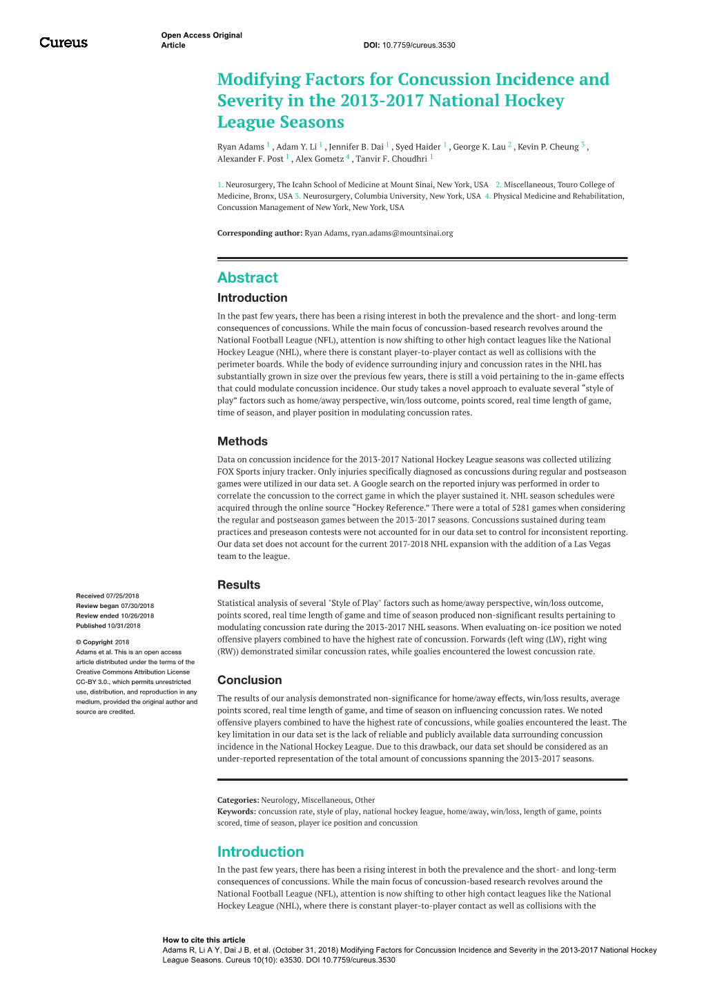 Modifying Factors for Concussion Incidence and Severity in the 2013-2017 National Hockey League Seasons