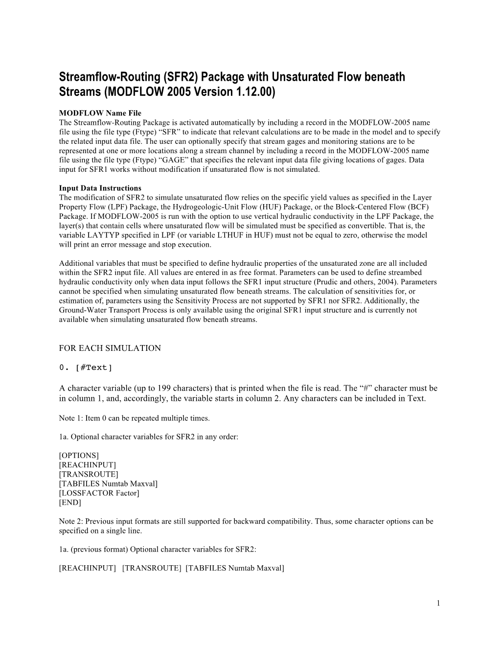 Streamflow-Routing (SFR2) Package with Unsaturated Flow Beneath Streams (MODFLOW 2005 Version 1.12.00)