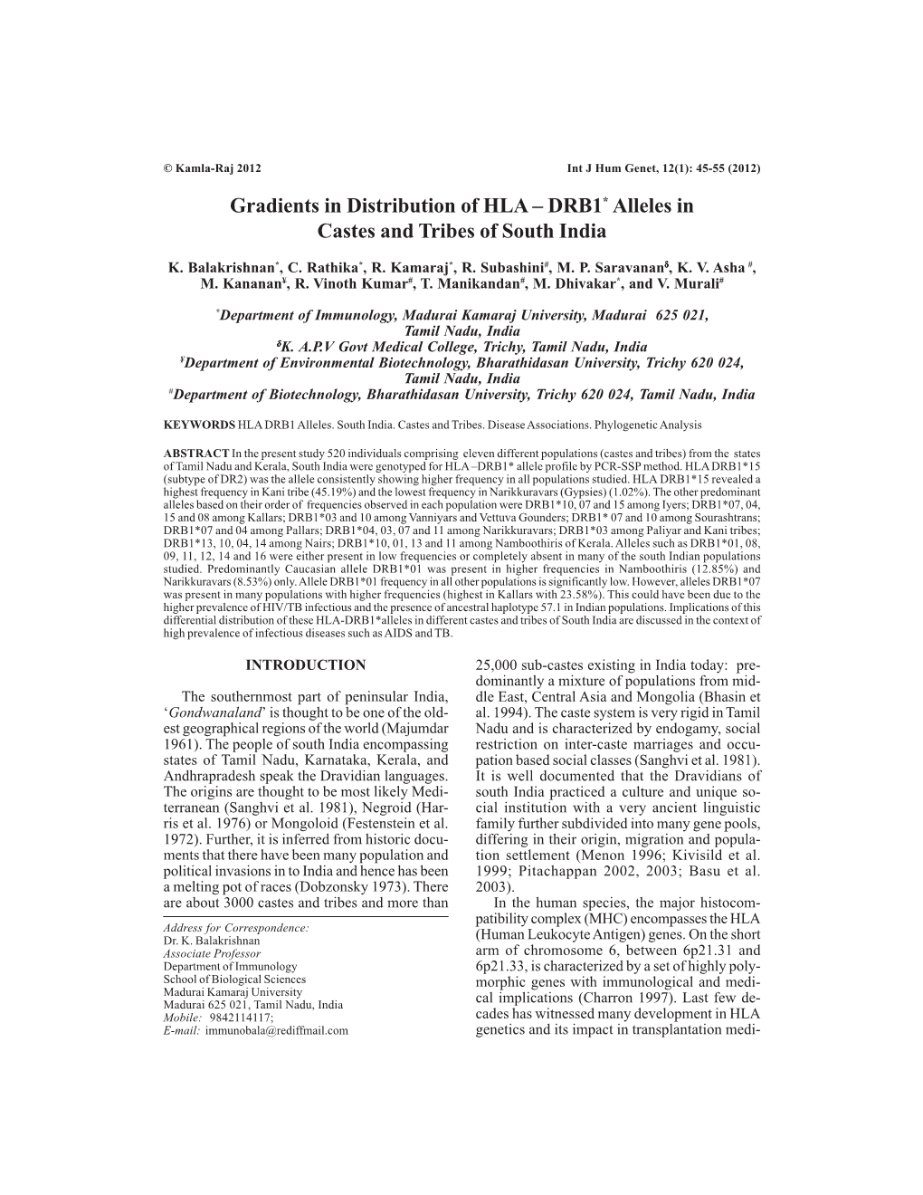 DRB1* Alleles in Castes and Tribes of South India