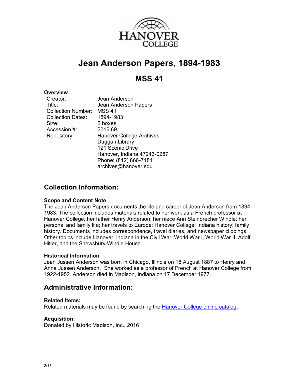 Jean Anderson Papers, 1894-1983