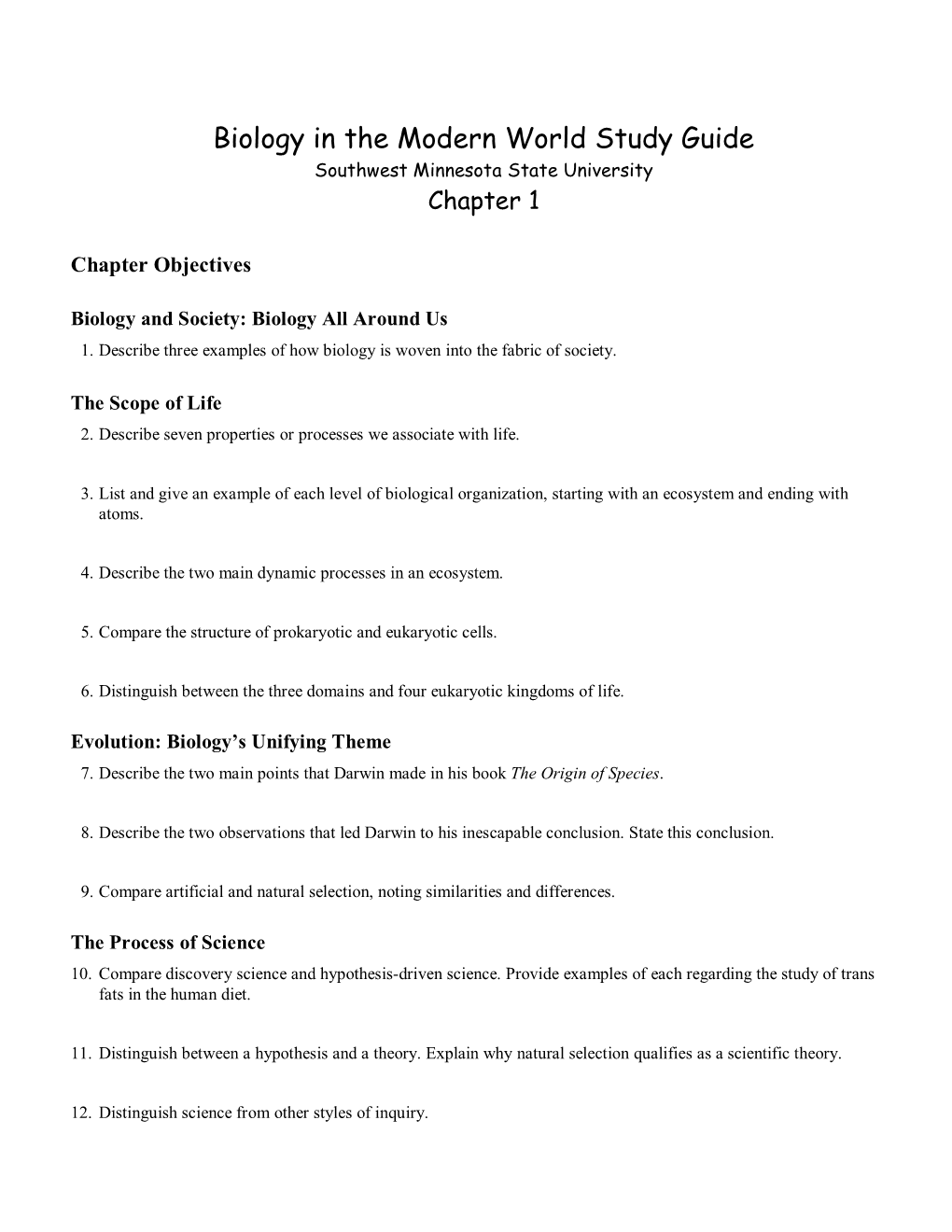 Biology in the Modern World Study Guide Southwest Minnesota State University Chapter 1