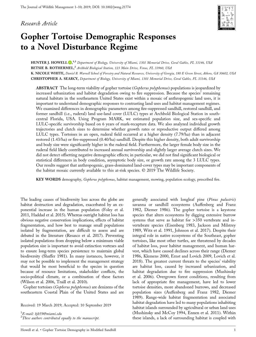 Gopher Tortoise Demographic Responses to a Novel Disturbance Regime