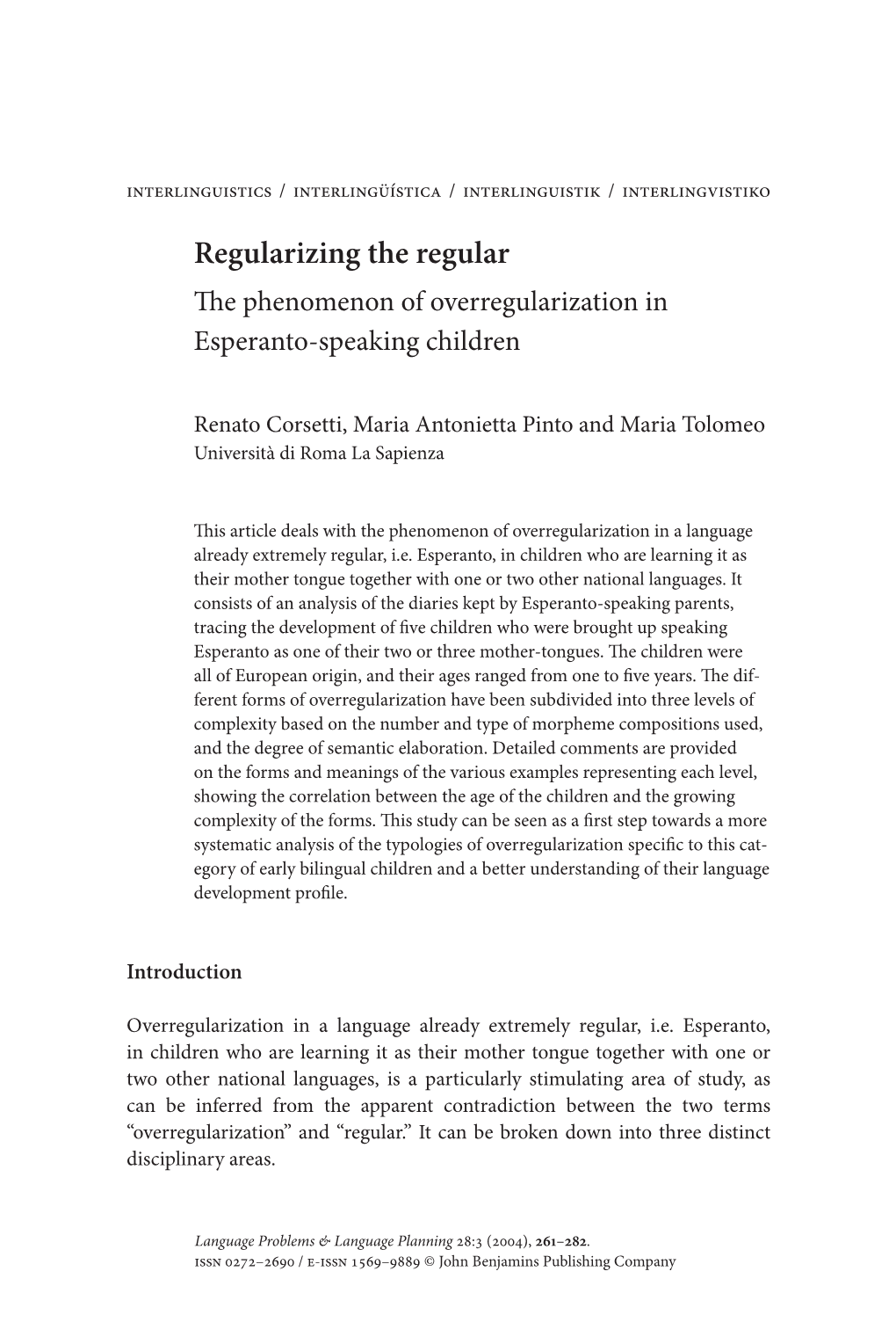 The Phenomenon of Overregularization in Esperanto-Speaking Children