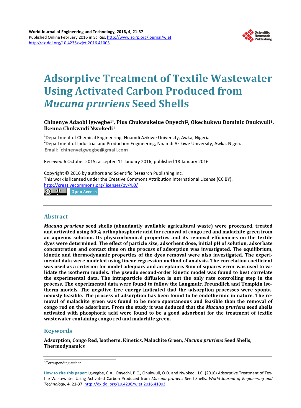 Adsorptive Treatment of Textile Wastewater Using Activated Carbon Produced from Mucuna Pruriens Seed Shells