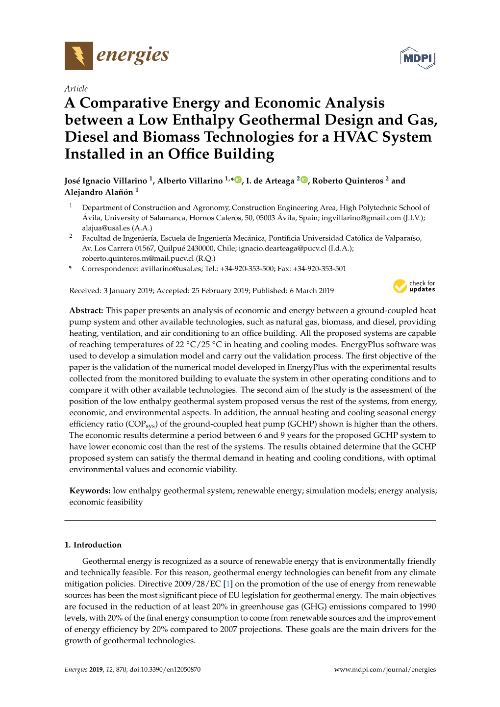 A Comparative Energy and Economic Analysis Between a Low Enthalpy Geothermal Design and Gas, Diesel and Biomass Technologies for a HVAC System Installed in an Office Building