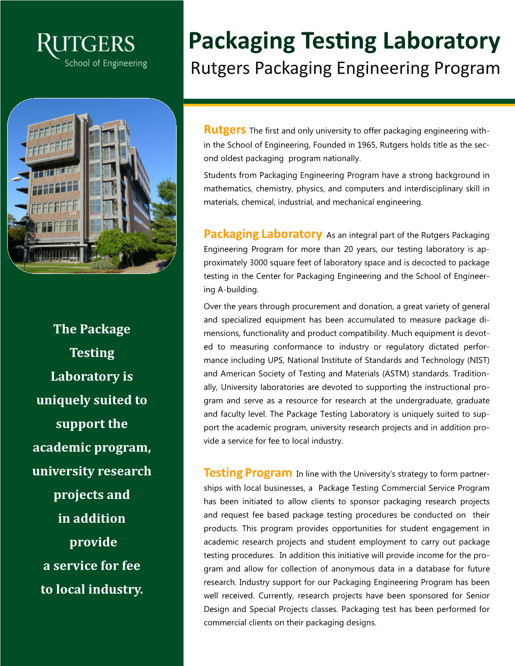 Packaging Testing Laboratory Rutgers Packaging Engineering Program