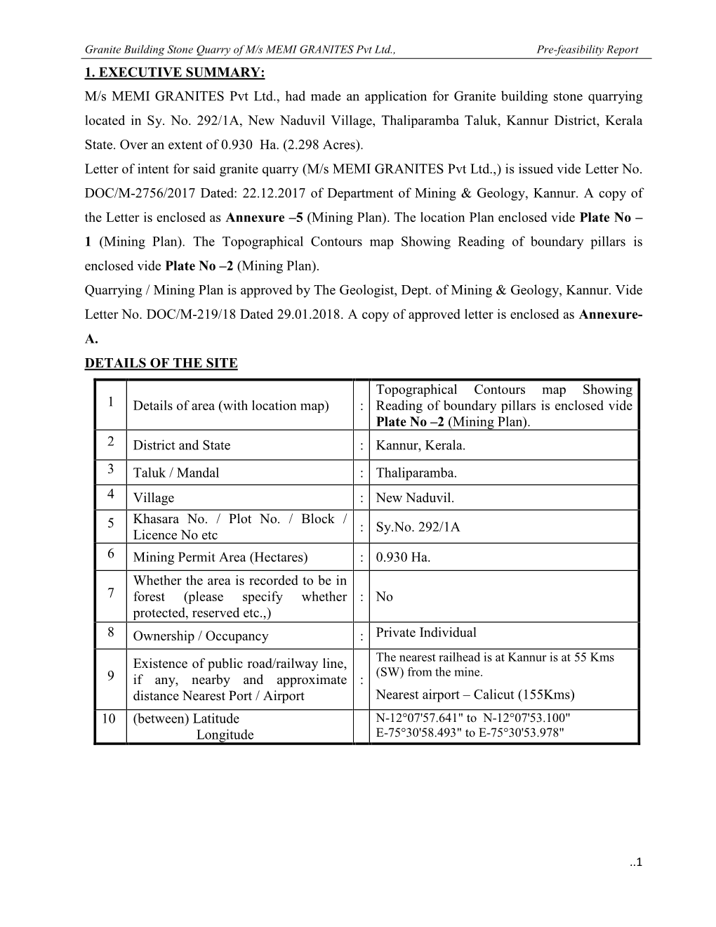 M/S MEMI GRANITES Pvt Ltd., Had Made an Application for Granite Building Stone Quarrying Located in Sy