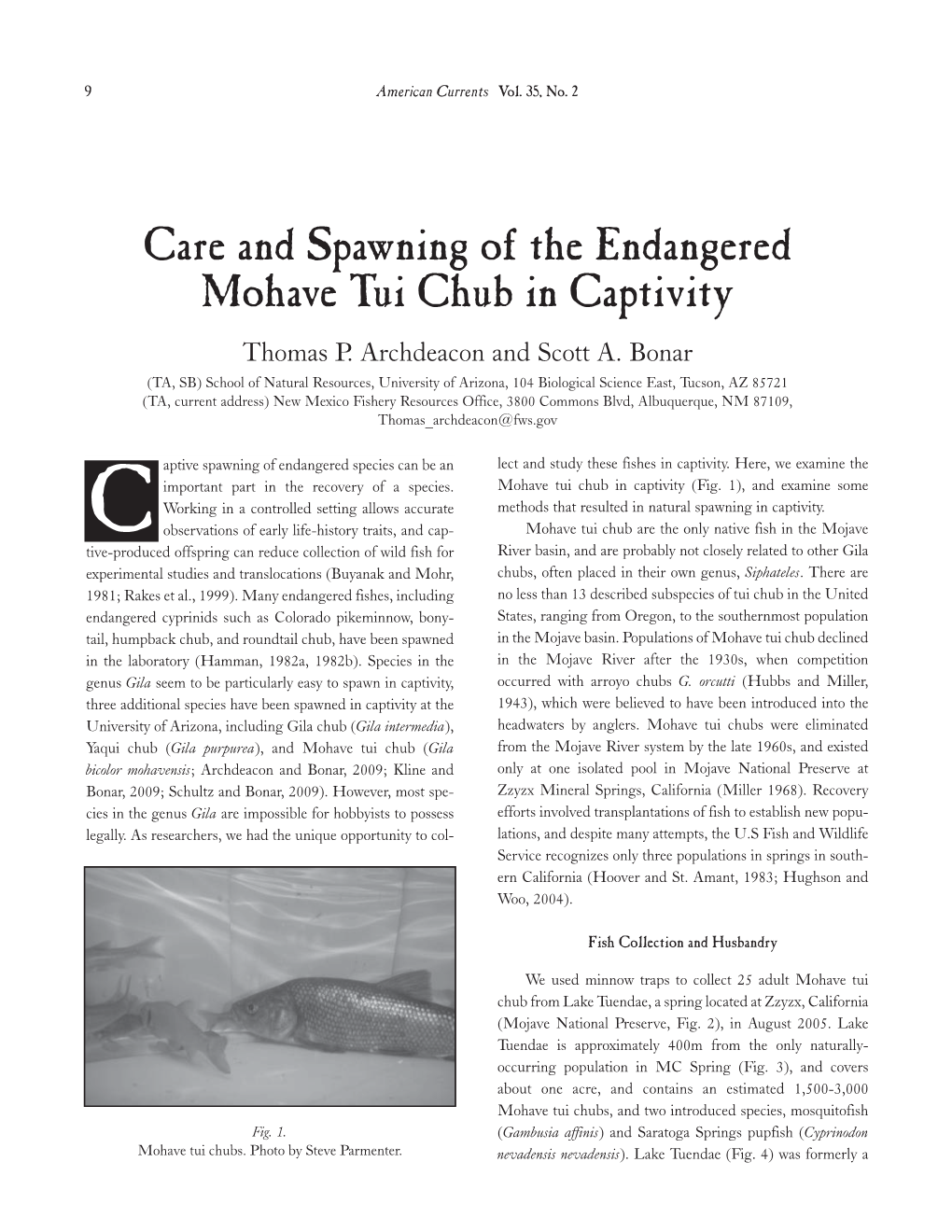 Care and Spawning of the Endangered Mohave Tui Chub in Captivity Thomas P