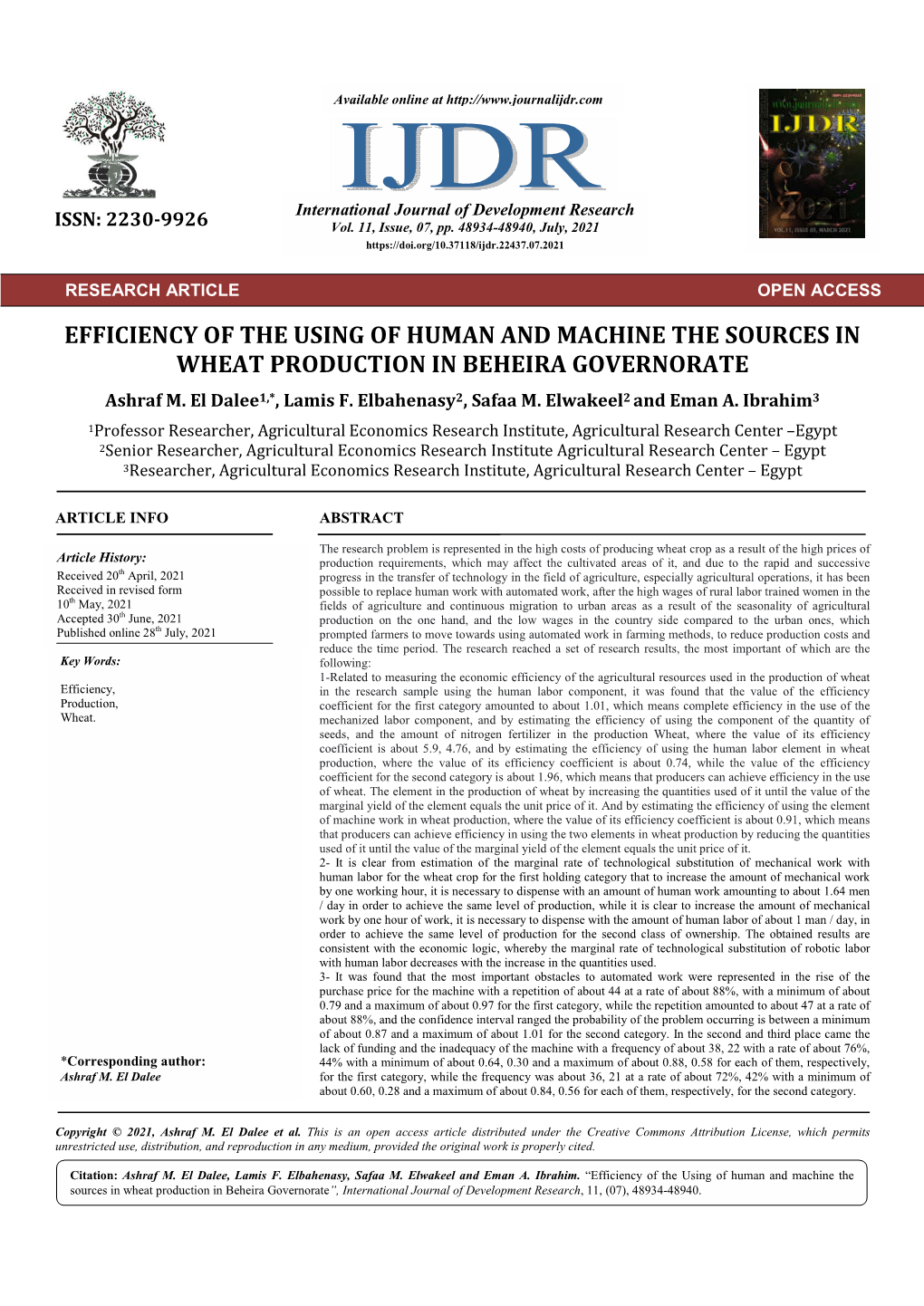 Efficiency of the Using of Human and Machine the Sources in Wheat Production in Beheira Governorate