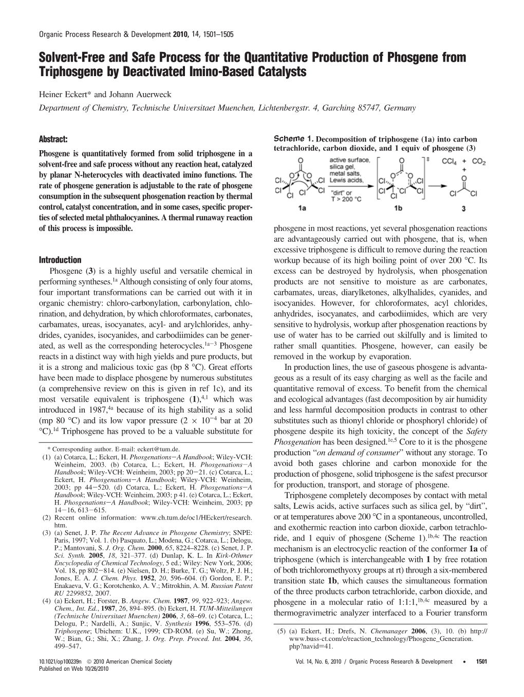 Solvent-Free and Safe Process for the Quantitative Production of Phosgene from Triphosgene by Deactivated Imino-Based Catalysts