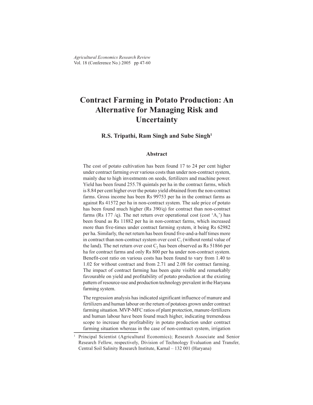 Contract Farming in Potato Production: an Alternative for Managing Risk and Uncertainty