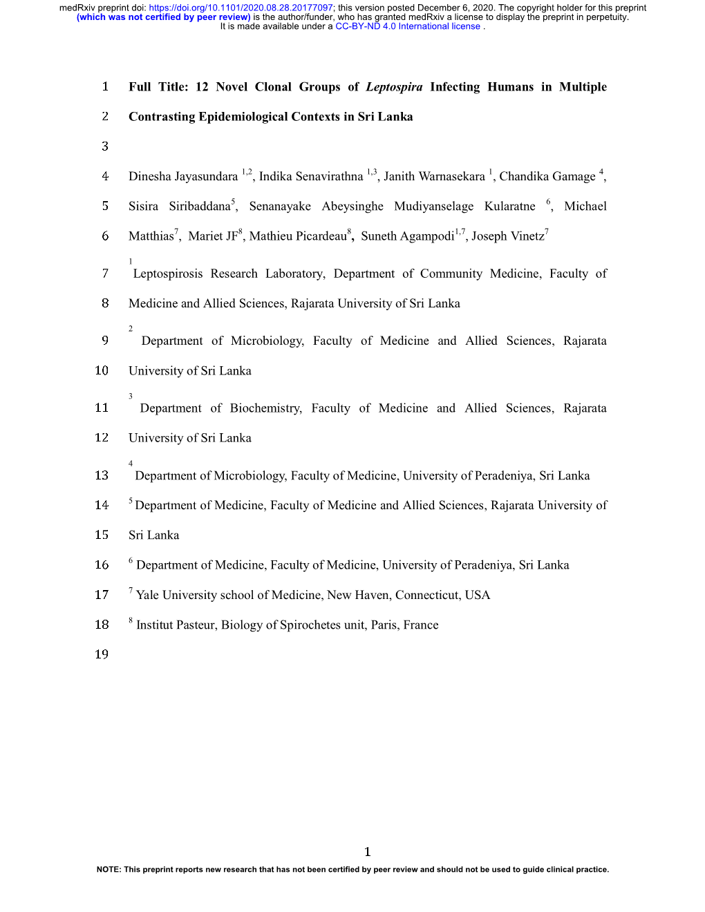 1 Full Title: 12 Novel Clonal Groups of Leptospira Infecting Humans in Multiple