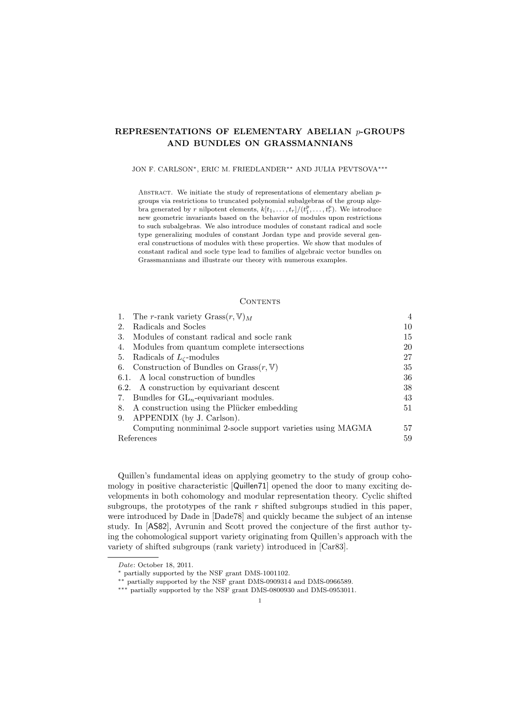 REPRESENTATIONS of ELEMENTARY ABELIAN P-GROUPS and BUNDLES on GRASSMANNIANS