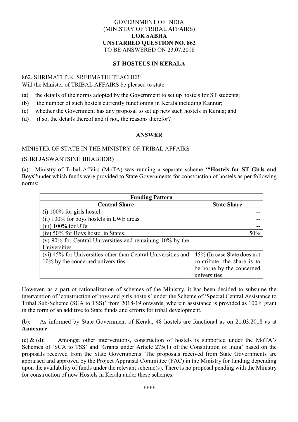 Lok Sabha Unstarred Question No. 862 to Be Answered on 23.07.2018