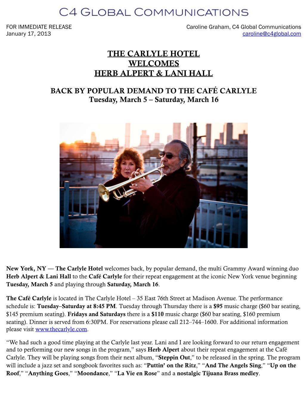 The Carlyle Hotel Welcomes Herb Alpert & Lani Hall