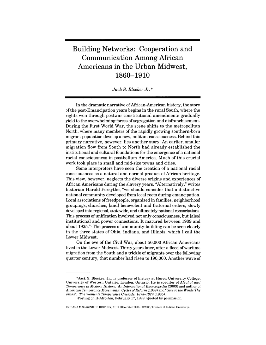 Building Networks: Cooperation and Communication Among African Americans in the Urban Midwest, 1860-1910