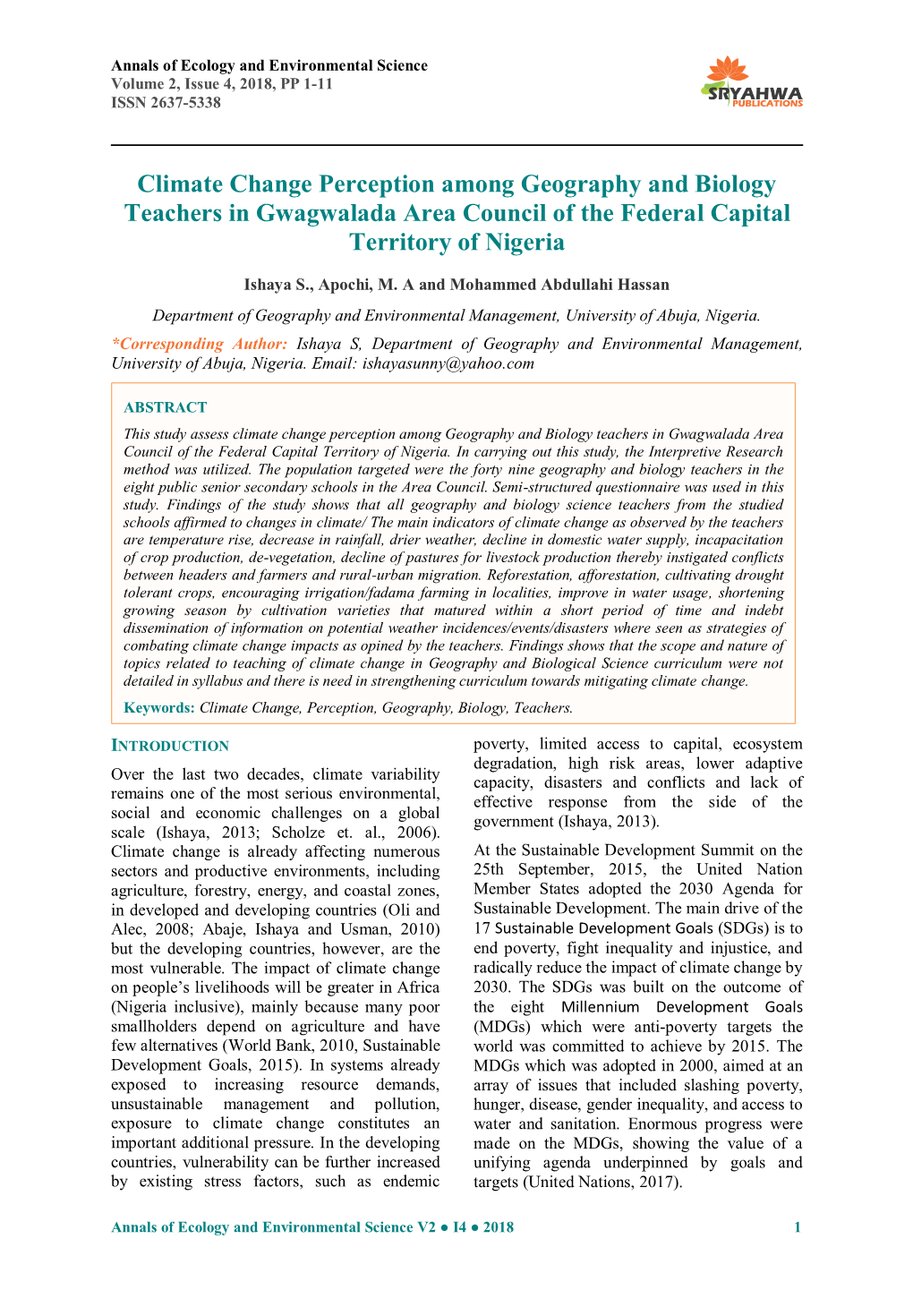 Climate Change Perception Among Geography and Biology Teachers in Gwagwalada Area Council of the Federal Capital Territory of Nigeria
