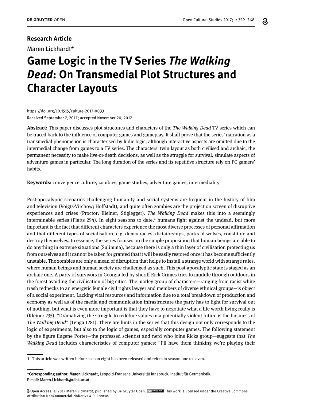 Game Logic in the TV Series the Walking Dead: on Transmedial Plot Structures and Character Layouts