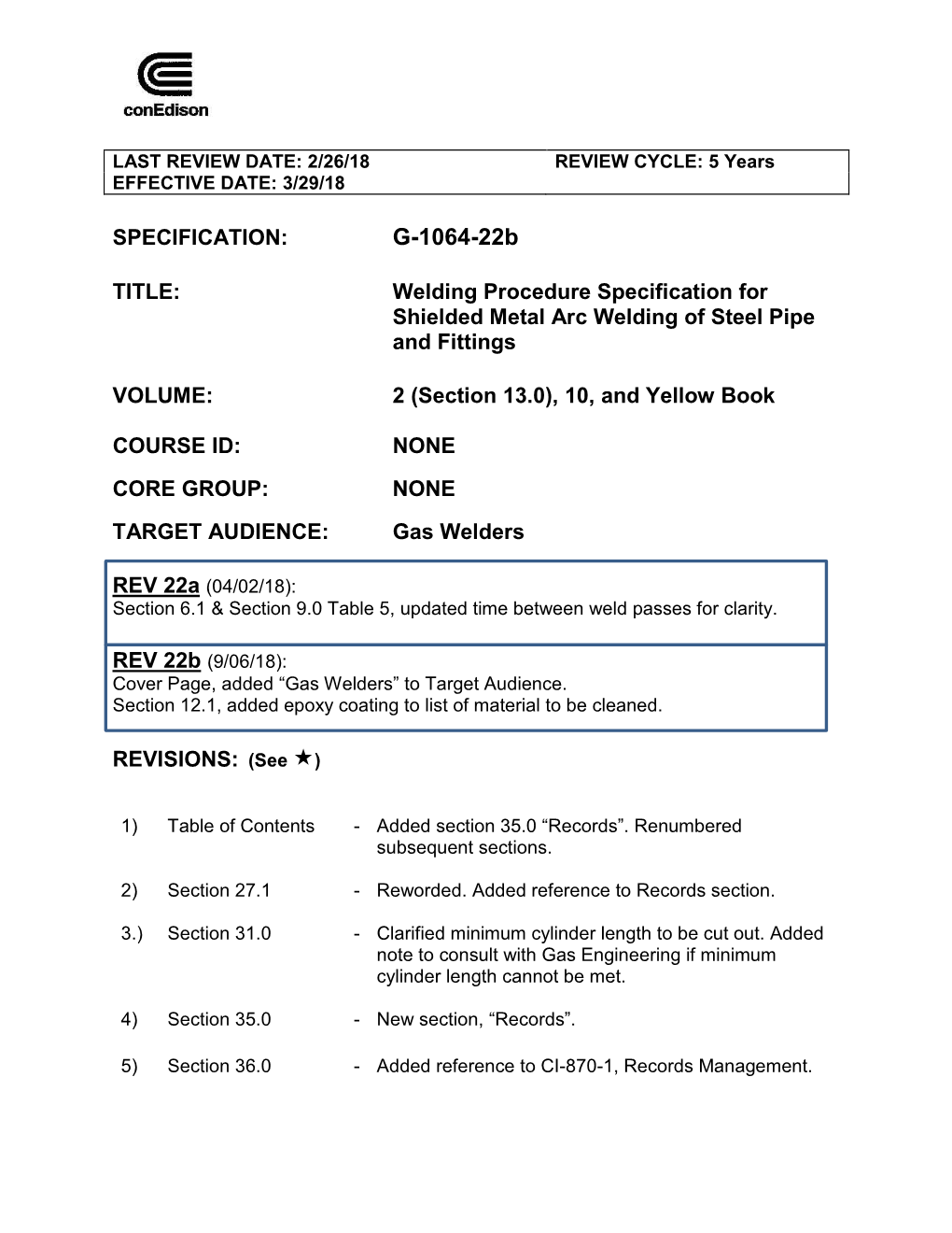 Welding Procedure Specification for Shielded Metal Arc Welding of Steel Pipe and Fittings