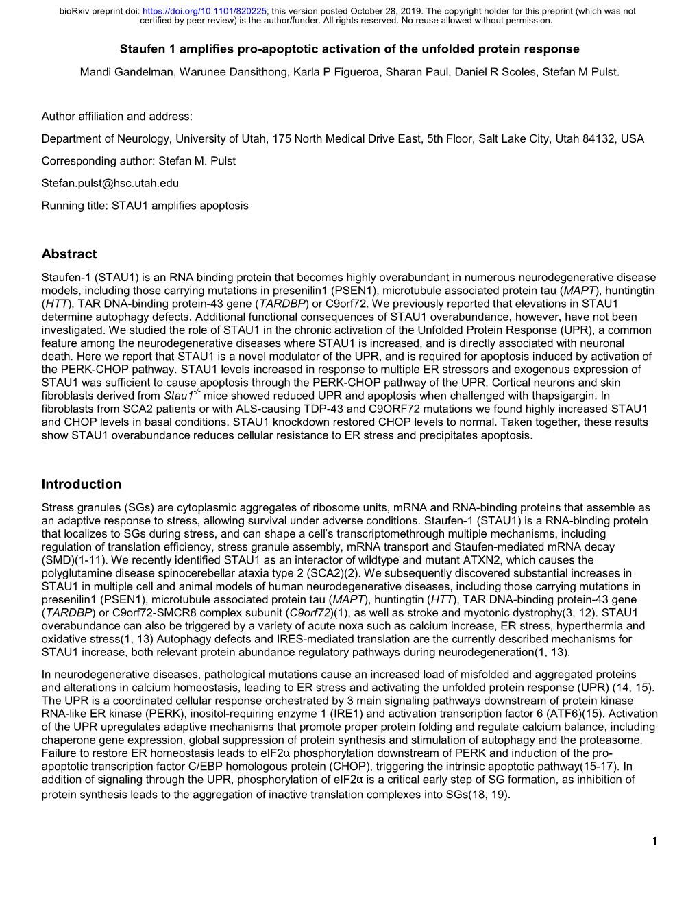 Staufen 1 Amplifies Pro-Apoptotic Activation of the Unfolded Protein