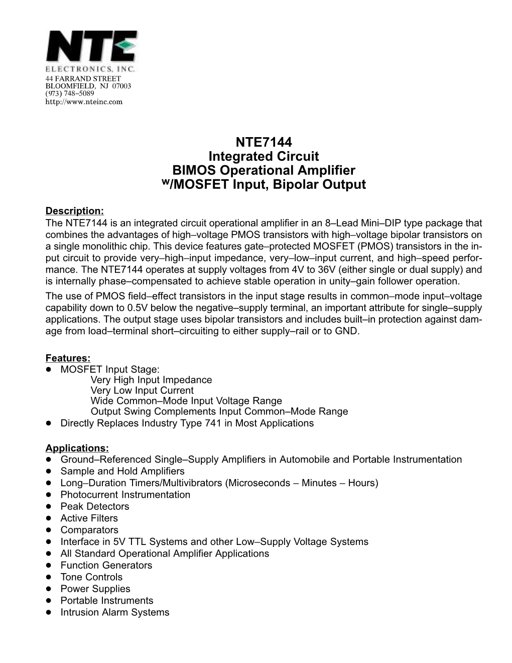 NTE7144 Integrated Circuit BIMOS Operational Amplifier W/MOSFET Input, Bipolar Output