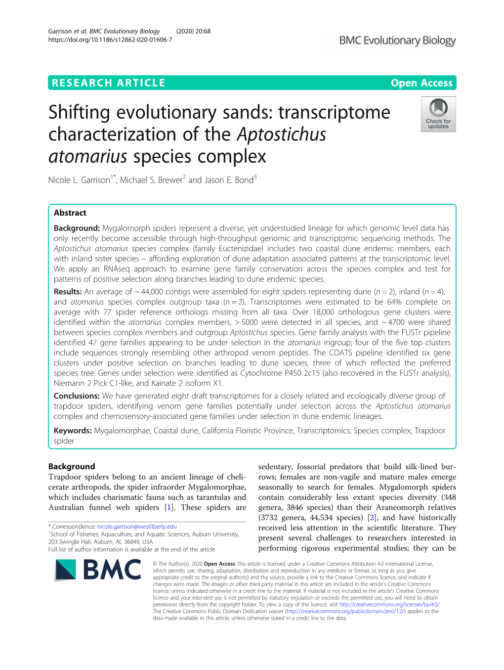 Transcriptome Characterization of the Aptostichus Atomarius Species Complex Nicole L