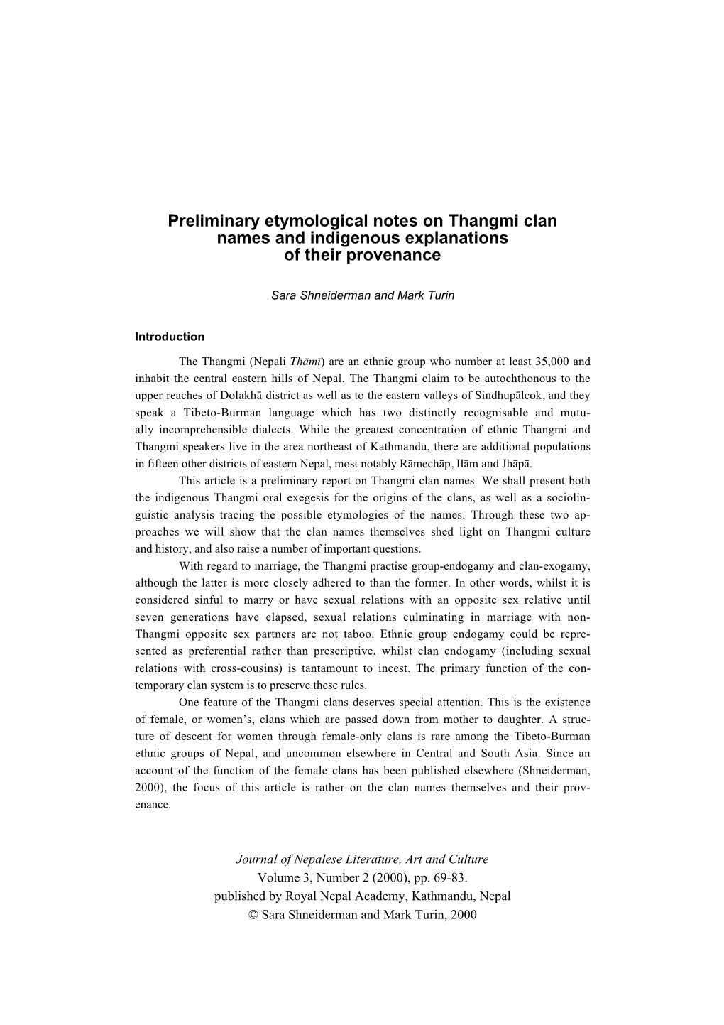 Preliminary Etymological Notes on Thangmi Clan Names and Indigenous Explanations of Their Provenance