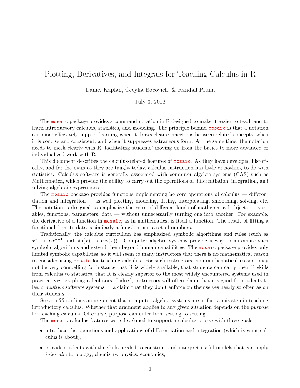 Plotting, Derivatives, and Integrals for Teaching Calculus in R