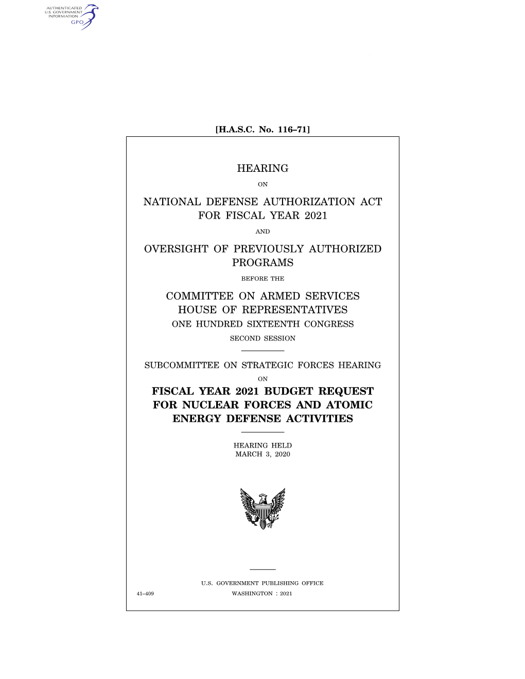 Hearing National Defense Authorization Act For