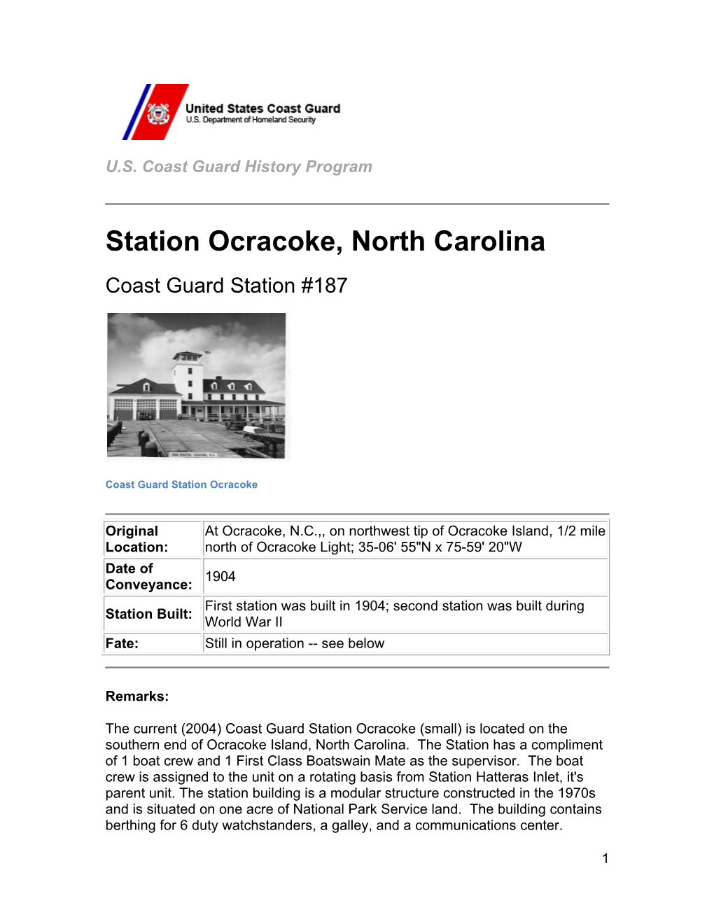 Station Ocracoke, North Carolina Coast Guard Station #187
