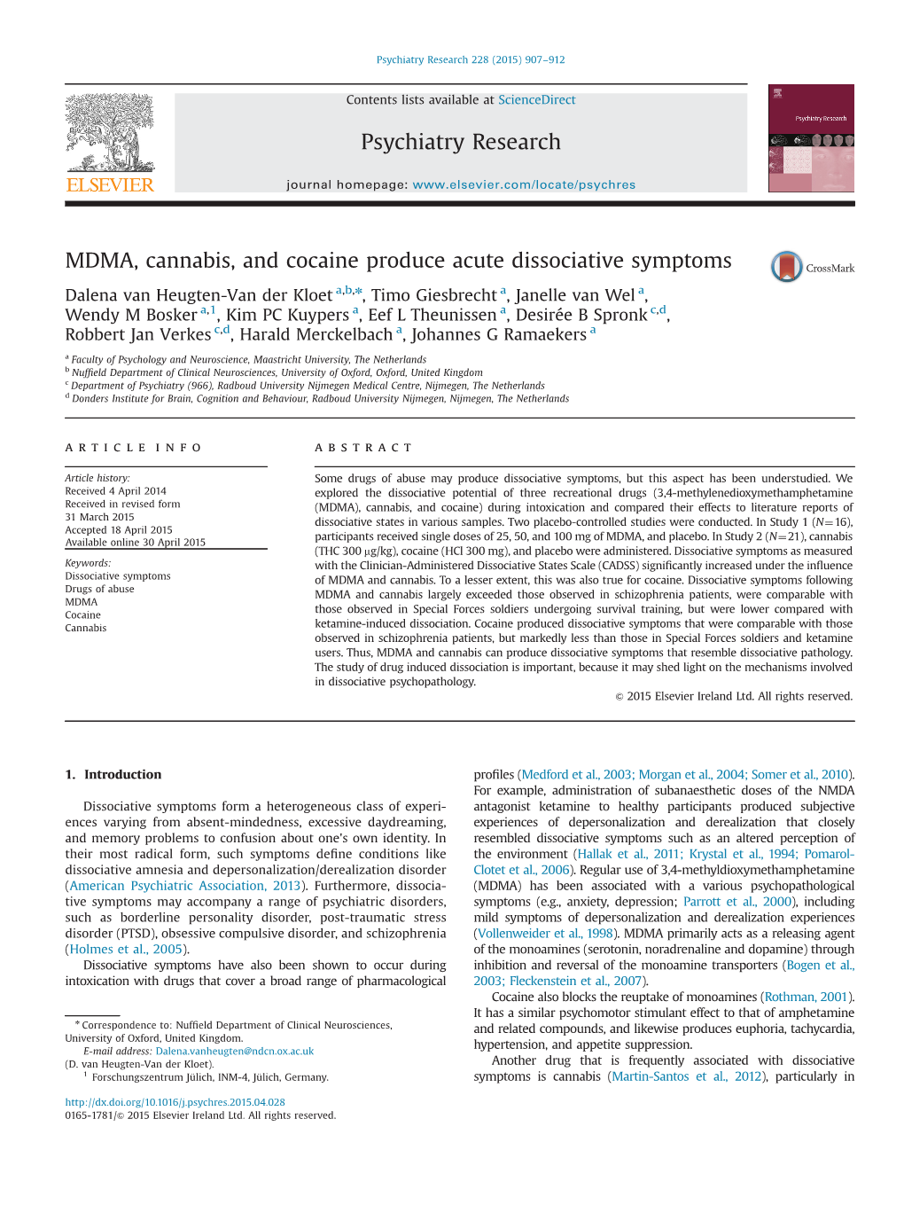 MDMA, Cannabis, and Cocaine Produce Acute Dissociative Symptoms