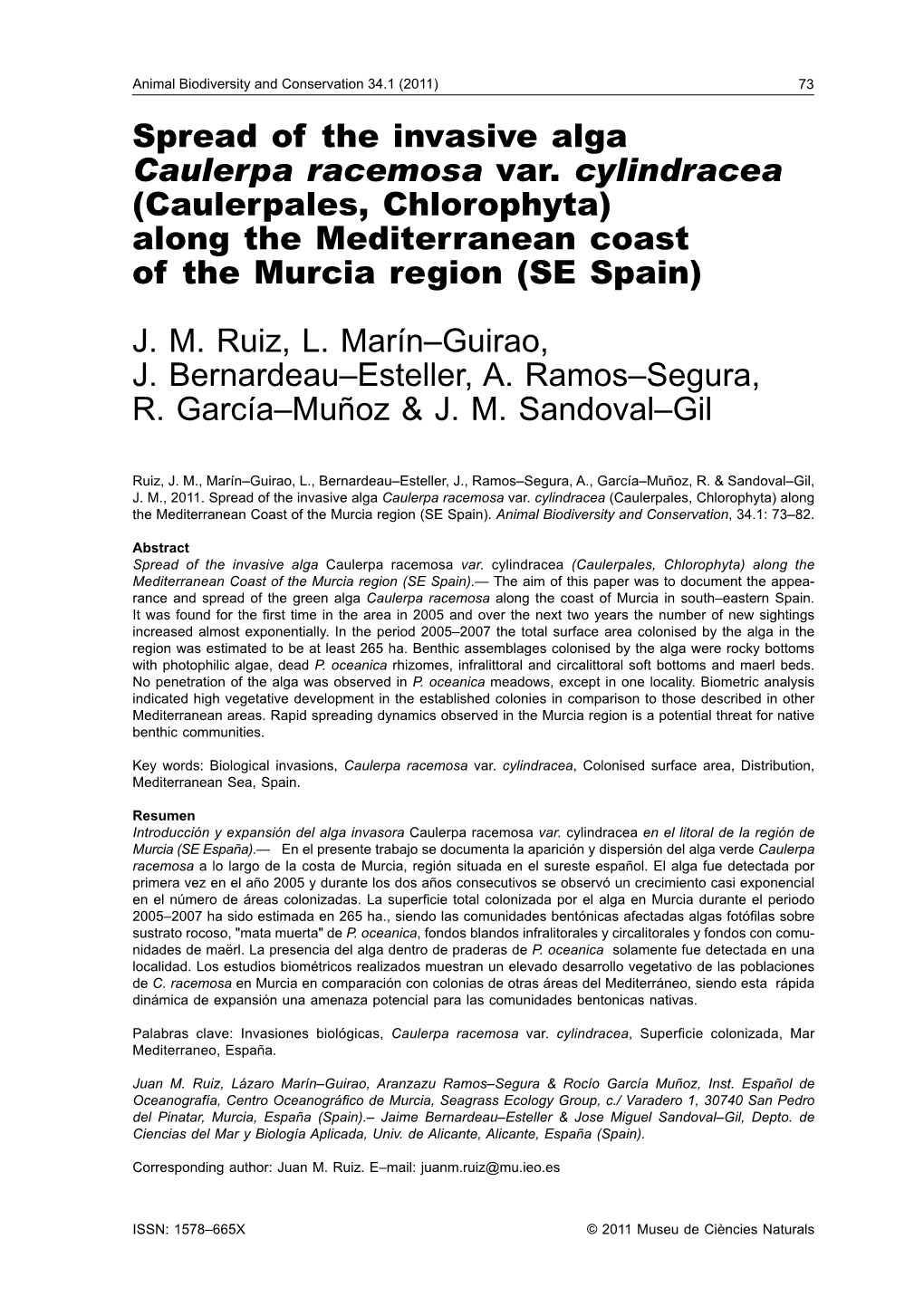 Spread of the Invasive Alga Caulerpa Racemosa Var. Cylindracea (Caulerpales, Chlorophyta) Along the Mediterranean Coast of the Murcia Region (SE Spain)
