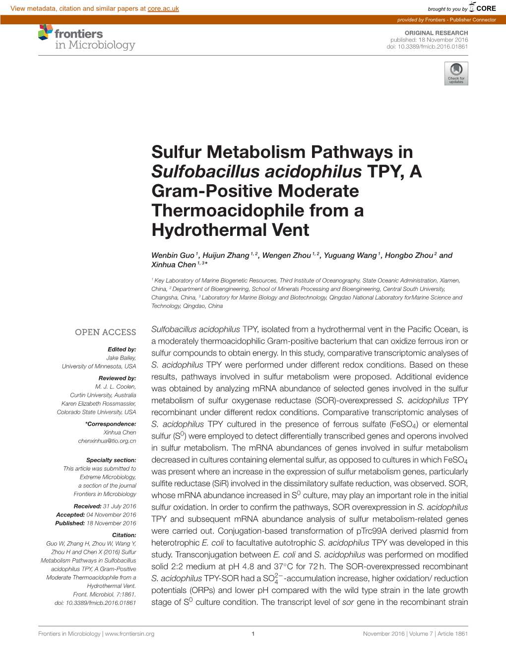 Sulfur Metabolism Pathways in Sulfobacillus Acidophilus TPY, a Gram-Positive Moderate Thermoacidophile from a Hydrothermal Vent